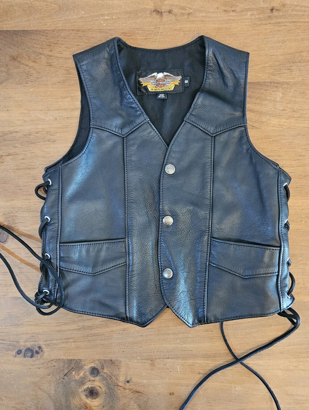 Harley Davidson Womens/Youth Leather Vest Snap Front Lace Up Sides Size 8